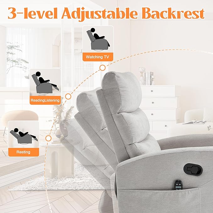 Manual Swivel Rocker Recliner Chair with Massage, Overstuffed Recliner Glider with Vibration Massage and Heat for Nursery, Living Room Reclining Sofa Chair, Fabric Light Gray