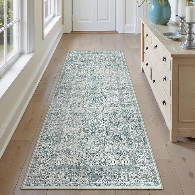 Blue Runner Rug 2x5 Vintage Area Carpet Hallway Indoor Kitchen Washable Living Room Low Pile Traditional Distressed Retro Accent Throw Rug Non Slip for Laundry Bathroom Office Dining Room