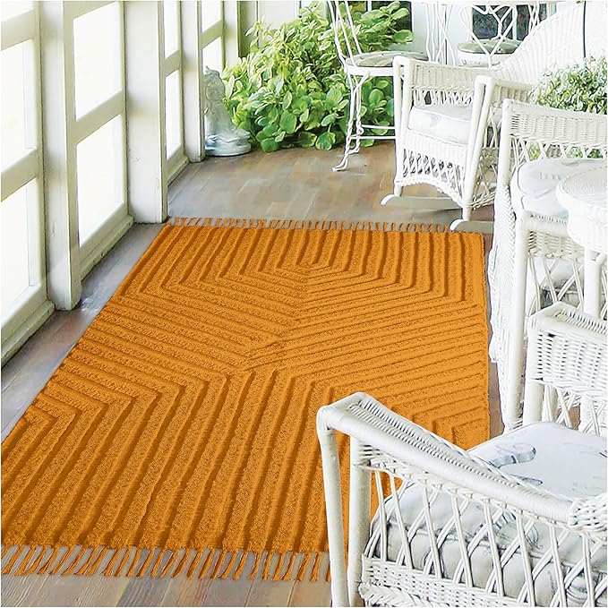 Boho Rugs for Living Room 4x6, Farmhouse Cotton Area Rug for Bedroom, Washable Tufted Indoor Floor Carpet for Kitchen Dorm Office Dining Room Office Home Decor, Mustard