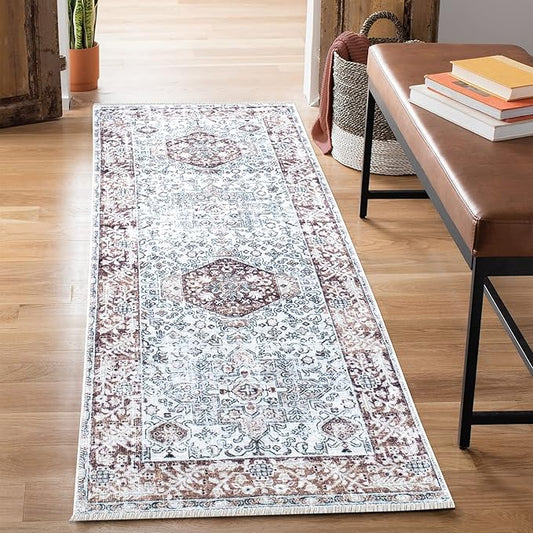 Bloom Rugs Caria Washable Non-Slip 7 ft Runner - Beige/Brown Traditional Runner for Entryway, Hallway, Bathroom, and Kitchen - Exact Size: 2'6" x 7'