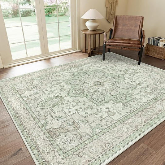 GENIMO 7'6''x9'6'' Area Rugs for Living Room, Machine Washable Non Slip Vintage Rugs, Low Pile Lightweight Chenille Print Rug for Bedroom, Dining Room, Home Office, Oat Light