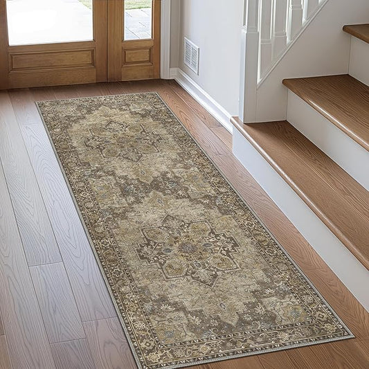 GENIMO 2x7 Runner Rugs for Hallway, Machine Washable Non Slip Vintage Rugs, Low Pile Lightweight Soft Print Rug for enrtyway, Corridor, Home Office, Kitchen, Rustic Brown
