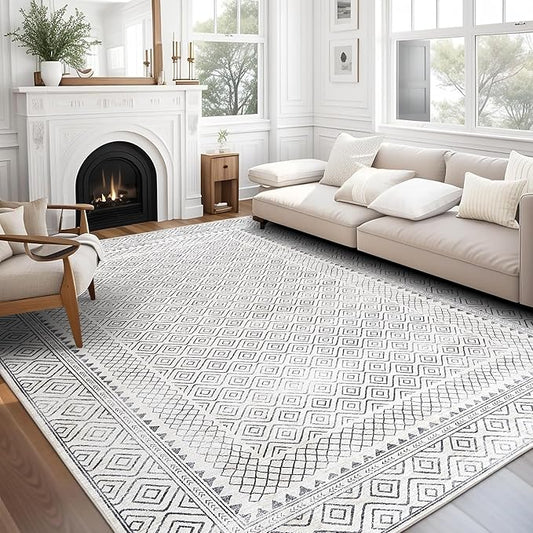 ReaLife Rugs Machine Washable Area Rug Runner - Living Room Bedroom Bathroom Kitchen Entryway Office - Padded Low Pile Stain Resistant Premium - Boho Farmhouse Vintage - Aria - Ivory 3' x 5'