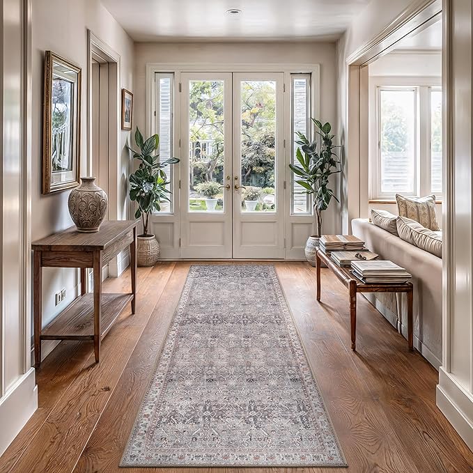 Bloom Rugs Washable Non-Slip 7 ft Runner - Gray Traditional Bordered Runner for Entryway, Hallway, Bathroom, and Kitchen - Exact Size: 2.5' x 7'