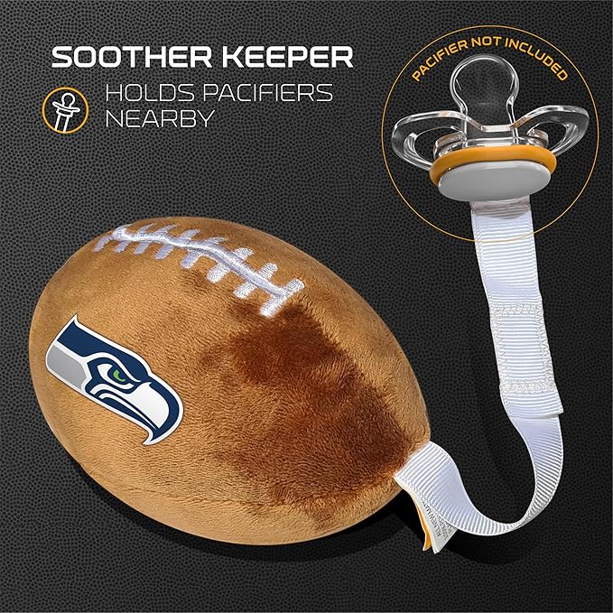 Seattle Seahawks Plush Football Pacifier Holder by Smilo - Officially Licensed NFL Soother Holder - Soft Plush Toy and Dummy Holder - Fits Any Pacifier - Stroller Accessory & Newborn Essential