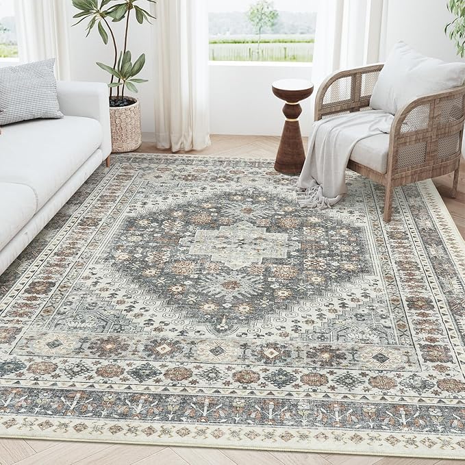 zesthome 6x9 Area Rug, Super Soft Washable Rugs for Living Room, Non-Slip Stain Resistant Vintage Rugs, Ultra-Thin Large Area Rugs (Grey/Orange,6'x9')