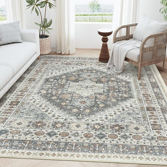 zesthome 5x7 Area Rugs - Ultra-Thin Washble Rug, Stain Resistant Anti Slip Backing Rugs for Living Room,Bedroom, Vintage Home Decor Area Rug (Grey/Orange,5'x7')