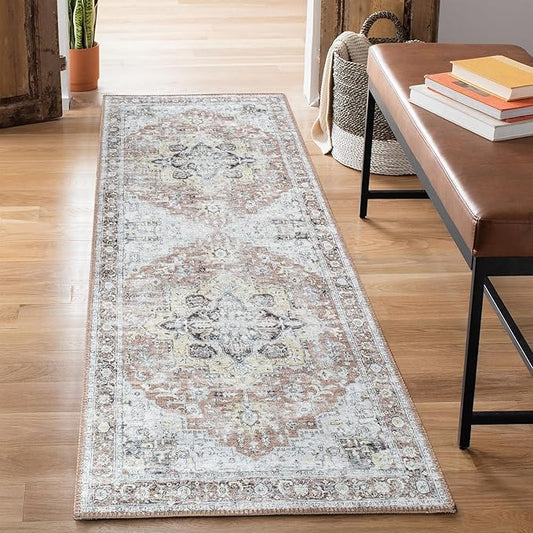 Bloom Rugs Washable Non-Slip 7 ft Runner - Blush/Beige Traditional Medallion Runner for Entryway, Hallway, Bathroom, and Kitchen - Exact Size: 2.5' x 7'