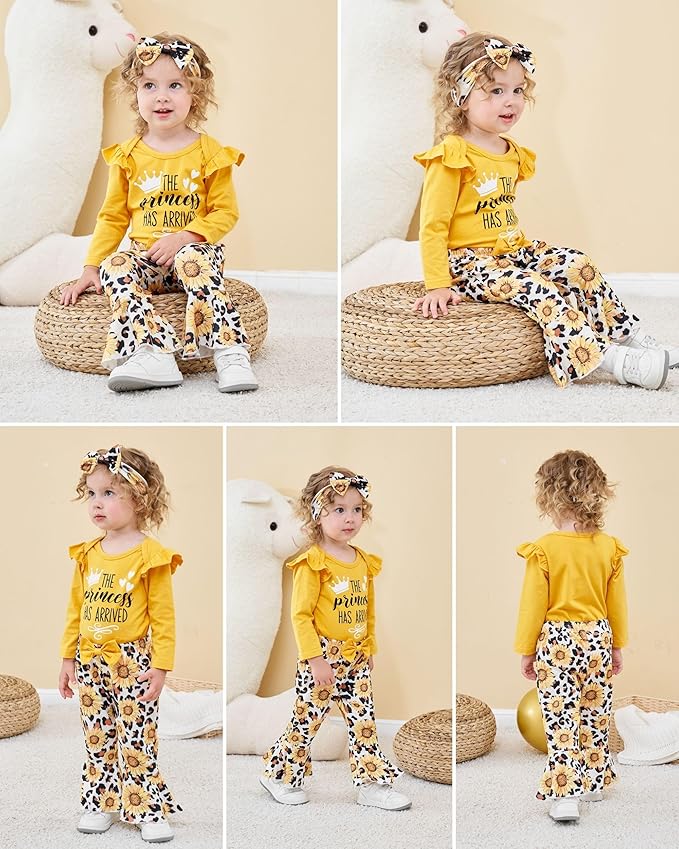 Newborn Baby Girl Clothes Infant Outfits Clothing Ruffle Romper Bell Bottoms Flared Pants Outfit Sets for Baby Girls