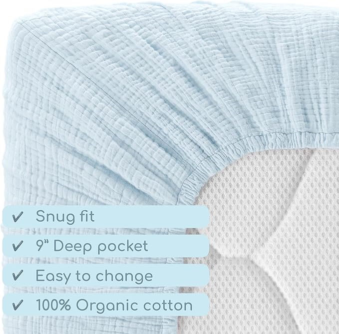 Muslin Crib Sheets, 100% Organic Cotton, Breathable and Ultra-Soft, Standard Crib Sheet Mattress (28"x 52") for Girls and Boys, Neutral Fitted Baby Crib Sheet (Light Blue)
