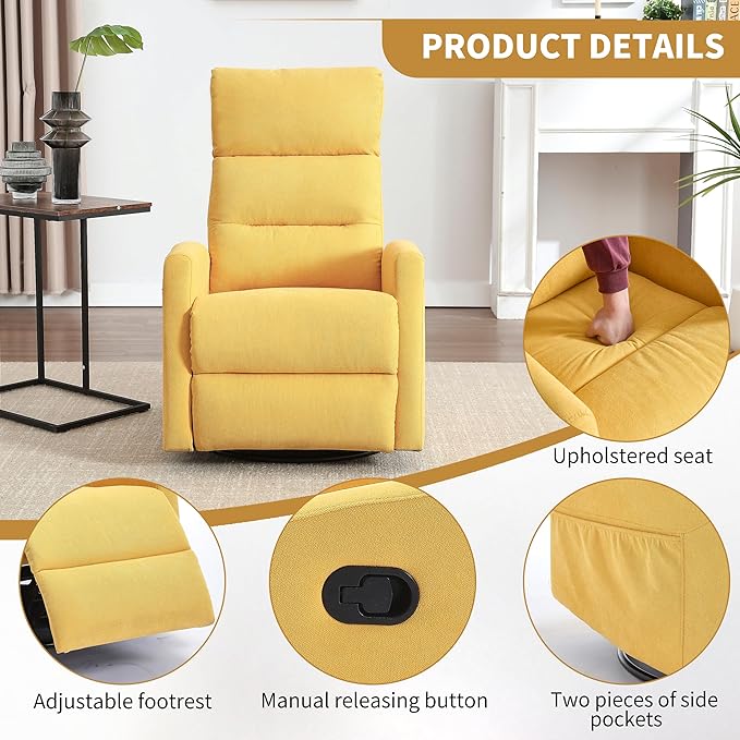360° Swivel Rocking Chair for Nursery, Manual Glider Chair Nursing Chair with Side Pockets, Polyester Glider for Living Room, Heavy Duty Motion Mechanism, Yellow