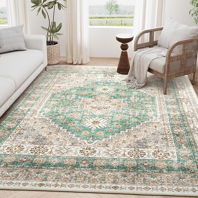 zesthome 6x9 Area Rug, Super Soft Washable Rugs for Living Room, Non-Slip Stain Resistant Vintage Rugs, Ultra-Thin Large Area Rugs (Green/Brown,6'x9')