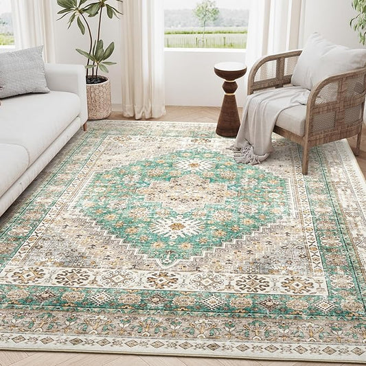 zesthome 6x9 Area Rug, Super Soft Washable Rugs for Living Room, Non-Slip Stain Resistant Vintage Rugs, Ultra-Thin Large Area Rugs (Green/Brown,6'x9')