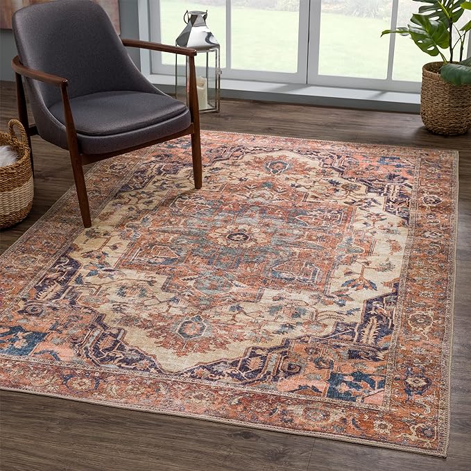 Bloom Rugs Washable Non-Slip 2' x 3' Rug - Beige/Terracotta Traditional Oriental Area Rug for Living Room, Bedroom, Dining Room, and Kitchen - Exact Size: 2' x 3'