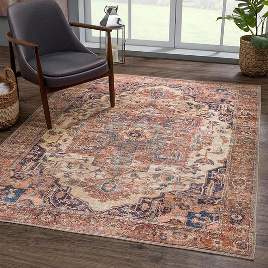 Bloom Rugs Washable 3' x 5' Rug - Beige/Terracotta Traditional Area Rug for Living Room, Bedroom, Dining Room, and Kitchen - Exact Size: 3' x 5'