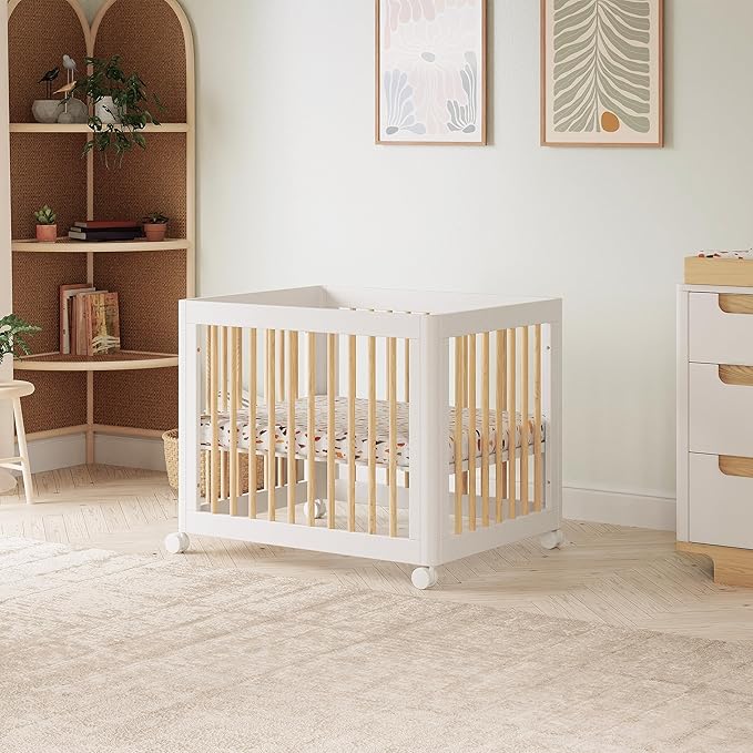 Babyletto Yuzu Convertible All-Stages Bassinet, Midi, Full-Size Crib in White with Natural, Greenguard Gold Certified, Portable & Adjustable with Conversion Kits and Pads Included