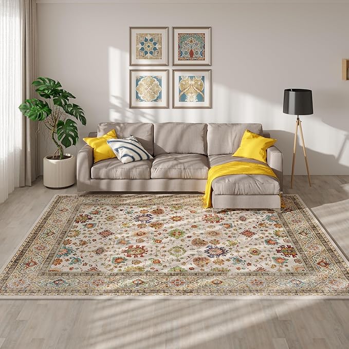 Living Room Rug 5x7 Rug Machine Washable Boho Area Rug Non Slip Vintage Low Pile Large Rugs for Living Room, Bedroom, Farmhouse, Dining Room, Kids Playroom (Colorful)
