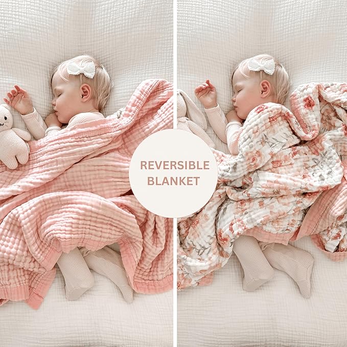 100% Cotton Muslin Baby Blanket - Large Reversible Receiving Blankets for Baby Girls, Soft & Lightweight, Perfect Muslin for Newborns, Infants & Toddlers, 7 Layers Design, Machine Washable, Pink