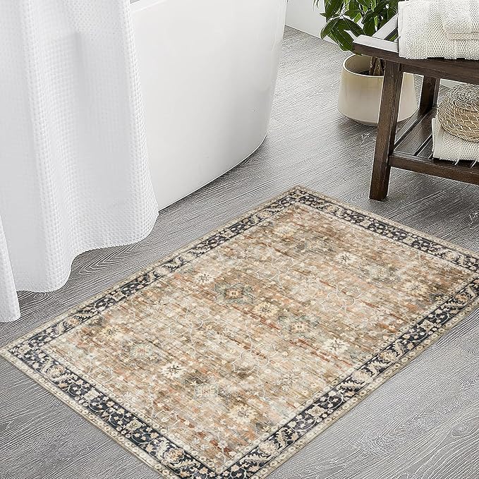 ReaLife Rugs Machine Washable Area Rug - Living Room Bedroom Bathroom Kitchen Entryway Office - Padded Crease Free Stain Resistant Premium - Boho Farmhouse Vintage- BEV- Beige Tan Brown - 2'x 3'