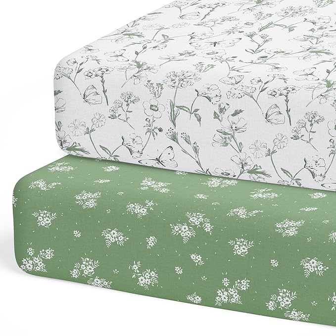 Crib Sheets Neutral - Fitted Baby Crib Sheets Bed for Girl Boy - 2 Pack Standard & Toddler Mattress (Butterfly Garden) - Buttery Soft Organic Cotton Blend