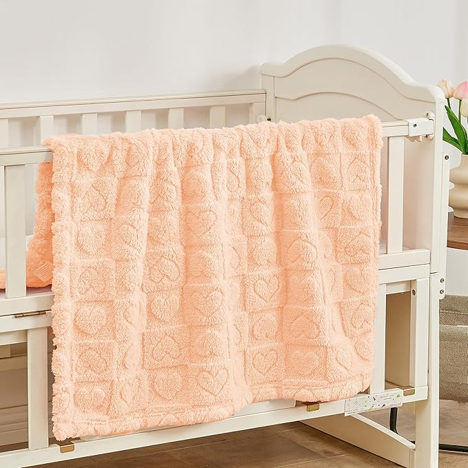 Yurhap Fleece Baby Blanket Heart Checkered, Ultra Soft Cozy Baby Blankets for Girls Boys, Fluffy Infant Toddler Newborn Receiving Gifts for Crib Stroller 30"x40" (Apricot Pink)