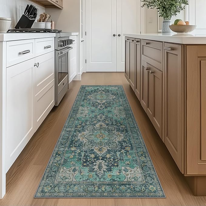 GENIMO 2x7 Runner Rugs for Hallway, Machine Washable Non Slip Vintage Rugs, Low Pile Lightweight Soft Print Rug for enrtyway, Corridor, Home Office, Kitchen, Dark Green