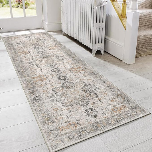 GENIMO Runner Rug 2x8 Non Slip Vintage Hallway Runner Rug, Low Pile Lightweight Rugs for Entryway, Hallway, Kitchen and Corridor, Light Taupe Brown