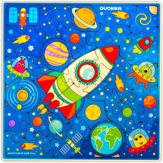 QUOKKA Wooden Rocket Puzzles for Kids Ages 3-5 – 28 Pieces Toddlers Kids Puzzles Ages 4-8 Year Olds – Wood Rocket Toys for Children Games 6-8 yo