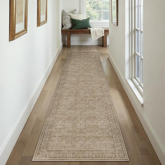 2x12 Light Brown Area Rug Runners for Hallways Washable Vintage Distressed Carpet Low Pile Non Slip Indoor Retro Soft Long Accent Rug Bedroom Kitchen Bathroom Laundry Dining Living Room