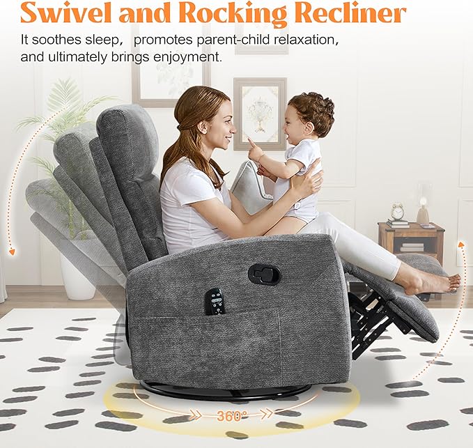 Manual Swivel Rocker Recliner Chair with Massage, Overstuffed Recliner Glider with Vibration Massage and Heat for Nursery, Living Room Reclining Sofa Chair, Fabric Dark Gray