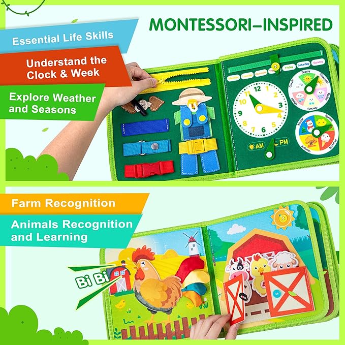 Quanquer Montessori Busy Books for Toddlers 1-3 – Farm Animal Sensory Busy Board for 1 Year Old Boys and Girls, Educational Travel Toy for Airplane Activities, Fine Motor Skill Birthday Gift