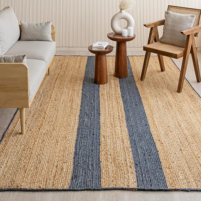 HOMEMONDE Natural Stripe Braided 8'x10' Jute Area Rug - Eco Friendly Premium Fiber - Durable and Reversible Handwoven Farmhouse Rug for Living Room, Hallway, Bedroom, Dinning Room, Kitchen, Office