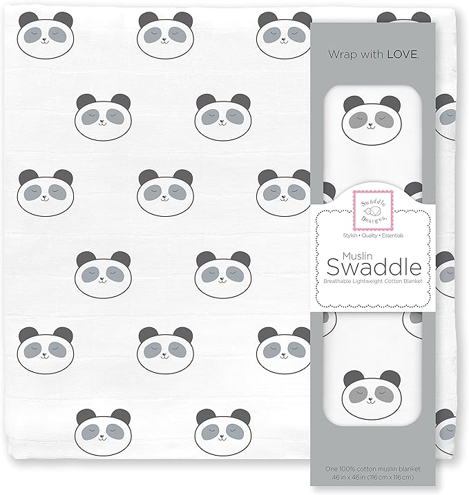 SwaddleDesigns Cotton Muslin Swaddle Blanket, Receiving Blanket for Boys & Girls, Best Shower Gift, 46x46 inches, Black Panda