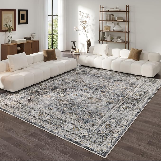 8x10 Rug Washable Boho Rug Soft Large Area Rug Non-Slip Non-Shedding Faux Wool Vintage Rug for Living Room, Farmhouse, Dining Room, Indoor, Kids Playroom (Grey)