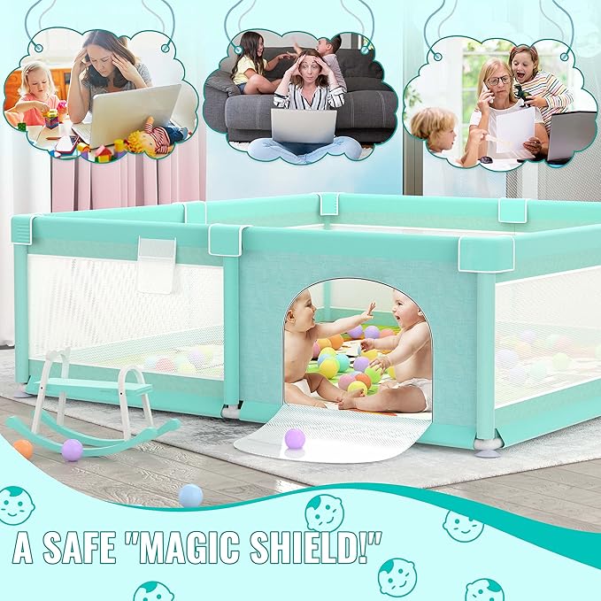 LUTIKIANG 79" x 71" Baby Playpen with Mat, Play Yard for Babies and Toddlers, Indoor/Outdoor Gate, Large Play Pen for Safety, Playtime, and Fun (Green)