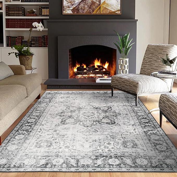 ReaLife Rugs Machine Washable Area Rug - Living Room Bedroom Bathroom Kitchen Entryway Office - Padded Low Pile Stain Resistant Premium - Boho Farmhouse Vintage - Joy - Gray 4' x 6'