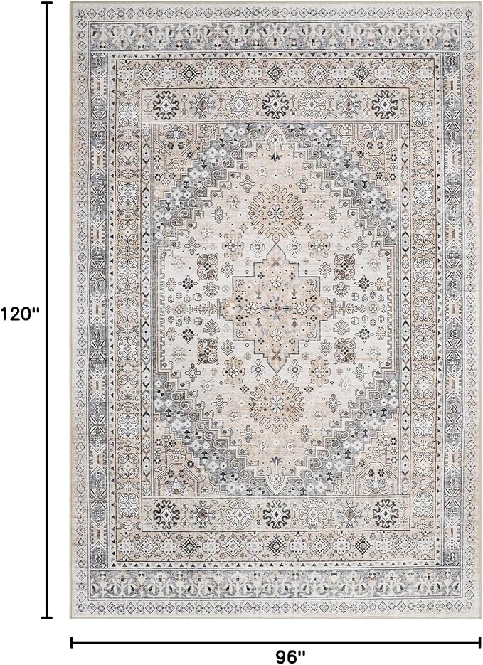 zesthome 8x10 Area Rugs for Living Room,Non-Slip Backing Washable Rugs,Vintage Large Area Rug，Stain Resistant Home Decor Rug (Beige,8'x10')