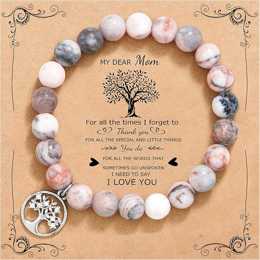 QWNHONEY Mothers Day Gift for Grandma Mom Mother in Law Sister in Law Bonus mom Granny Nana Valentine's Day Birthday Anniversary Pink Red Natural Stone Tree of Life Bracelet