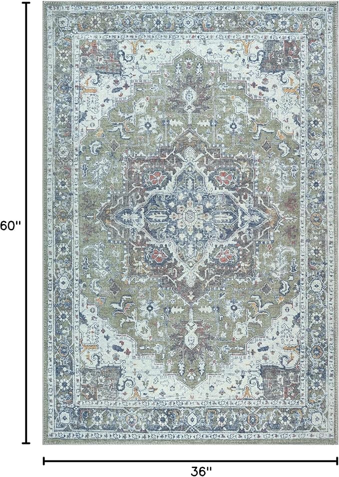 Bloom Rugs Washable Non-Slip 3' x 5' Rug - Green/Blue Traditional Medallion Area Rug for Living Room, Bedroom, Dining Room, and Kitchen - Exact Size: 3' x 5'