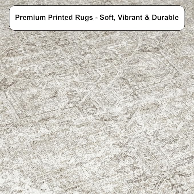 ReaLife Rugs Machine Washable Area Rug - Living Room Bedroom Bathroom Kitchen Entryway Office - Padded Low Pile Stain Resistant Premium - Boho Farmhouse Vintage - Lyle - Beige Ivory 5' x 7'
