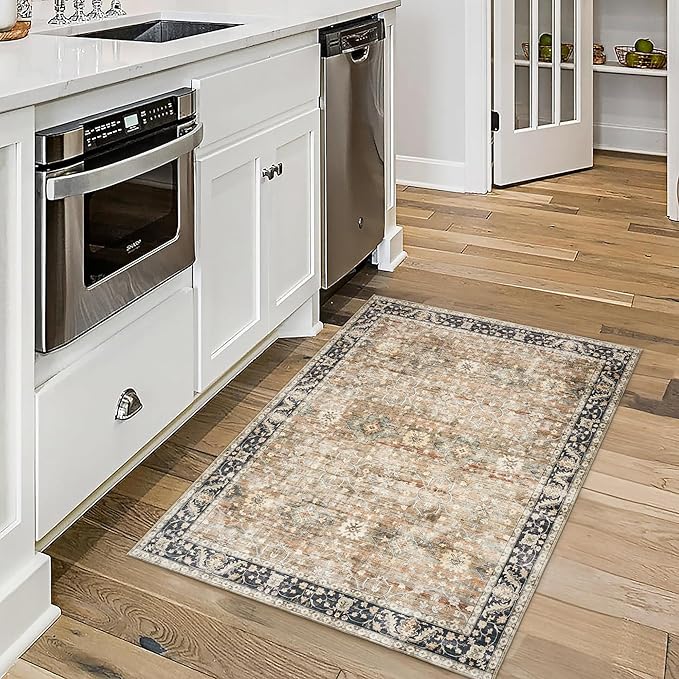 ReaLife Rugs Machine Washable Area Rug - Living Room Bedroom Bathroom Kitchen Entryway Office - Padded Crease Free Stain Resistant Premium - Boho Farmhouse Vintage- BEV- Beige Tan Brown - 2'x 3'