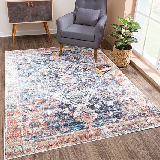 Bloom Rugs Washable Non-Slip 6' x 9' Rug - Orange/Black Traditional Area Rug for Living Room, Bedroom, Dining Room, and Kitchen - Exact Size: 6' x 9'