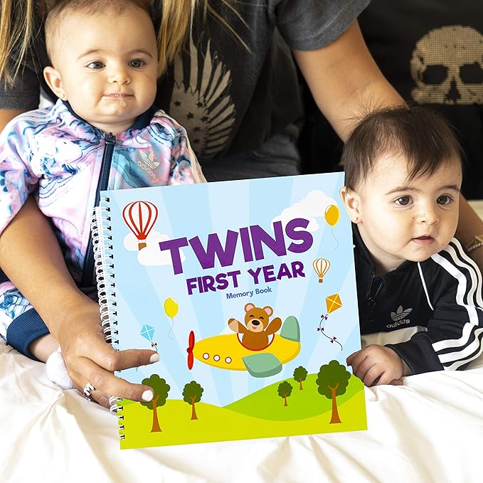 Twins First Year Hardcover Memory Book Bear Edition - Newborn Babies 1st Year Journal and Milestones Photo Album - Perfect and Unique Gift Idea for Baby Showers and Birthday Presents