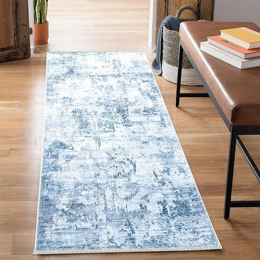 Bloom Rugs Caria Washable Non-Slip 12 ft Runner - Blue/Gray Modern Abstract Runner for Entryway, Hallway, Bathroom, and Kitchen - Exact Size: 2'6" x 12'