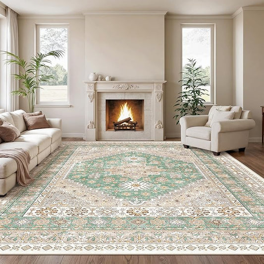 zesthome 10x14 Area Rugs,Stain Resistant Washable Rug,Ultra-Thin Rugs for Living Room,Bedroom,Non-Slip Backing Home Decor Large Area Rug (Green/Brown,10'x14')