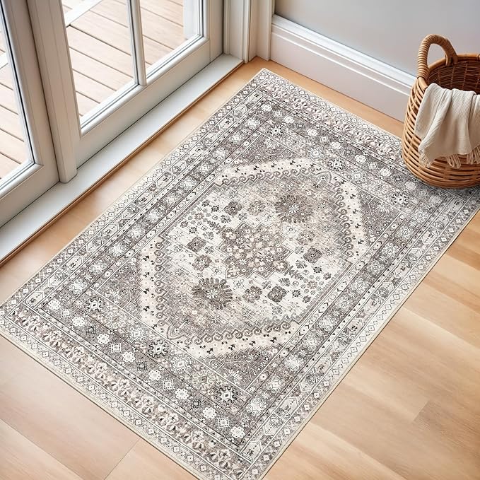 zesthome 2x3 Entryway Rug, Soft Washable Rugs, Non Slip Area Rug, Stain Resistant Low Pile Rugs for Bedroom, Vintage Rug for Door Mat, Kitchen (Brown/Beige,2'x3')