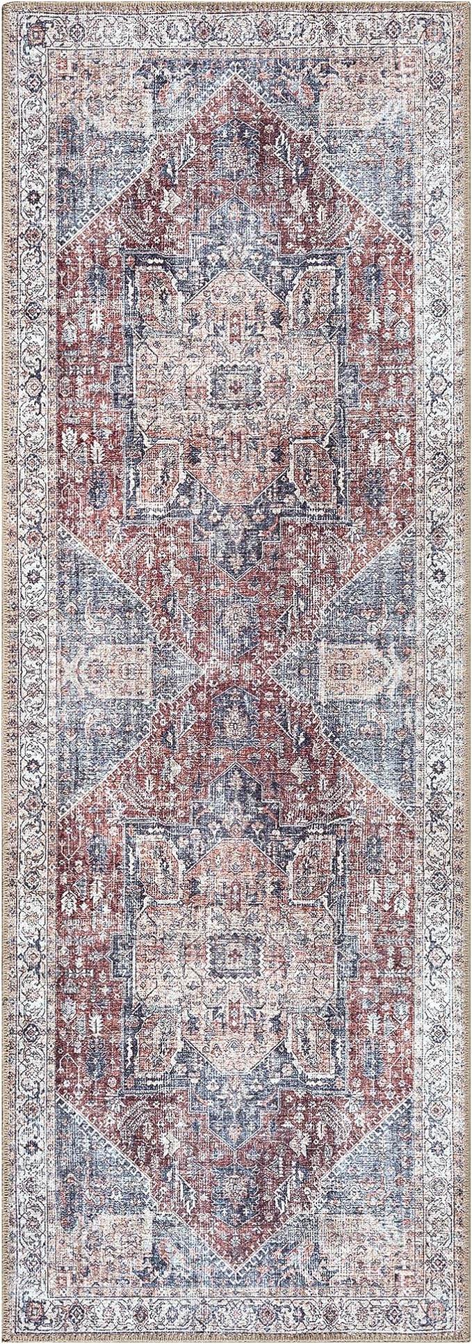Bloom Rugs Washable Non-Slip 12 ft Runner - Red/Blue Traditional Medallion Runner for Entryway, Hallway, Bathroom, and Kitchen - Exact Size: 2.5' x 12'