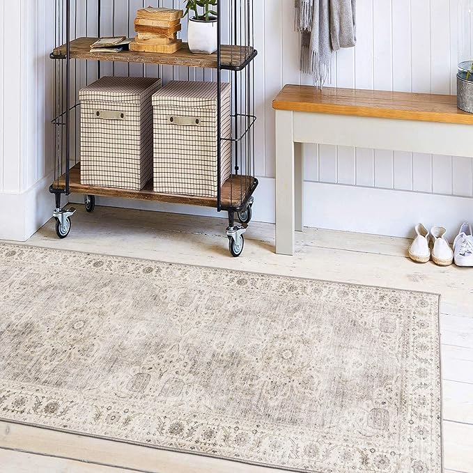 ReaLife Rugs Machine Washable Area Rug Runner - Living Room Bedroom Bathroom Kitchen Entryway Office - Padded Low Pile Stain Resistant Premium - Boho Farmhouse Vintage - Joy - Beige Ivory 2'6" x 6'