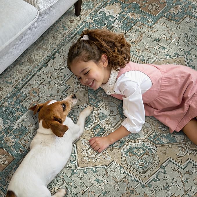 GENIMO 2x5 Runner Rugs for Hallway, Machine Washable Non Slip Vintage Rugs, Low Pile Lightweight Soft Print Rug for enrtyway, Corridor, Home Office, Kitchen,Ash Blue