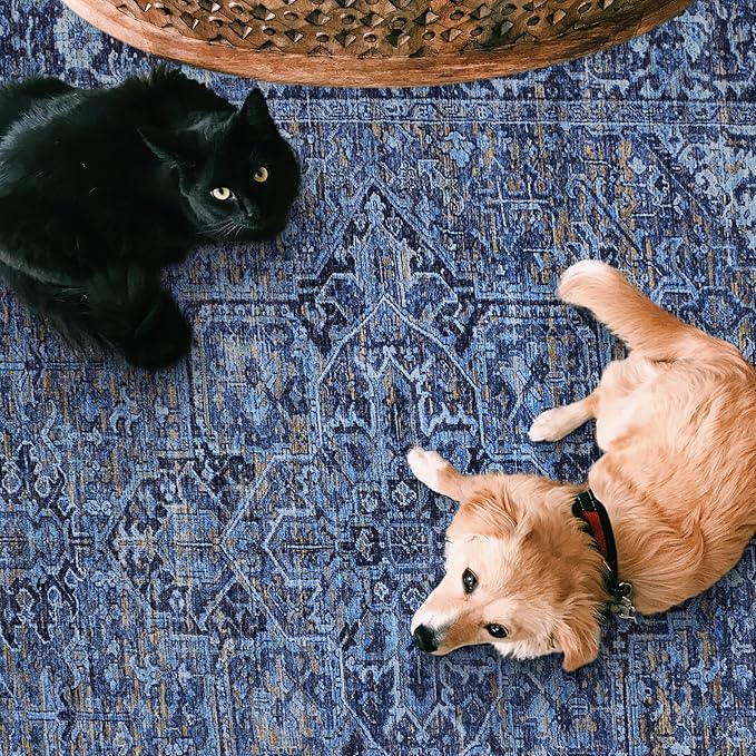 ReaLife Rugs Machine Washable Area Rug Runner - Living Room Bedroom Bathroom Kitchen Entryway Office - Padded Low Pile Stain Resistant Premium - Boho Vintage Traditional - Lyle - Blue 2'6" x 8'